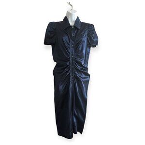 Prada Navy Silk (Duchess) Satin Ruched Midi Dress, Size 46 Italy, F/W 2002